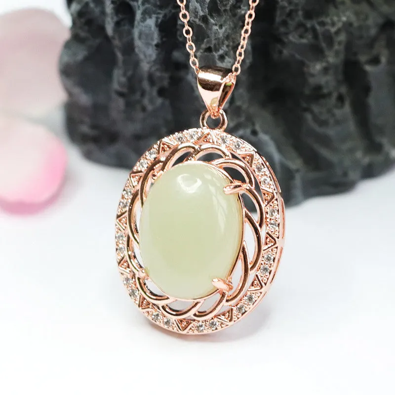 Hollow Flower Zircon Sterling Silver Necklace with Natural Hetian Jade