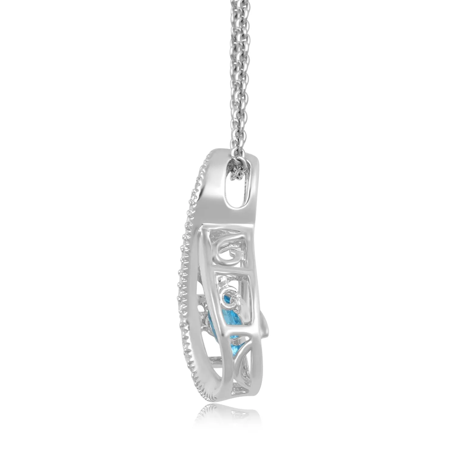 Jewelili Sterling Silver With Swiss Blue Topaz and Round Created White Sapphire Pendant Necklace