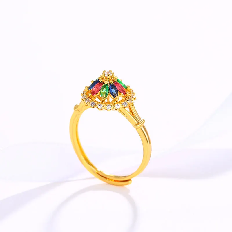 Jewelry Colorful Artificial Gemstone Ring for Women Palace Style Elegant Retro Fashion Opening Adjustable Ring