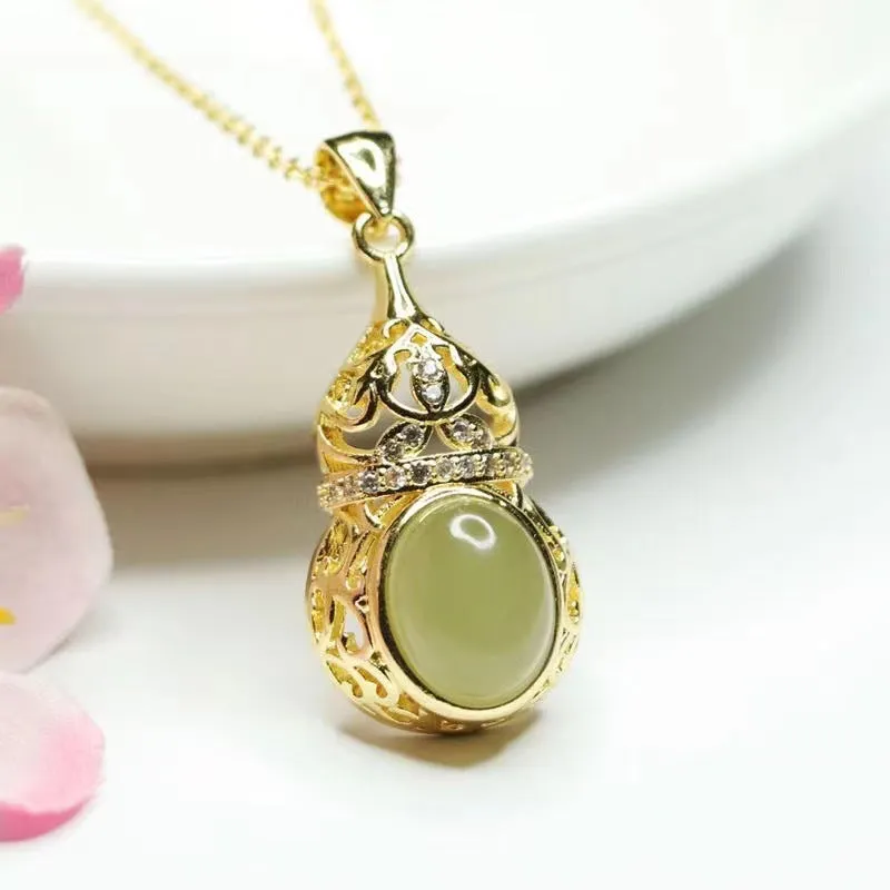 Jewelry Necklace with Oval Hollow Gourd Jade and Zircon Crafted from Natural Hotan Jade