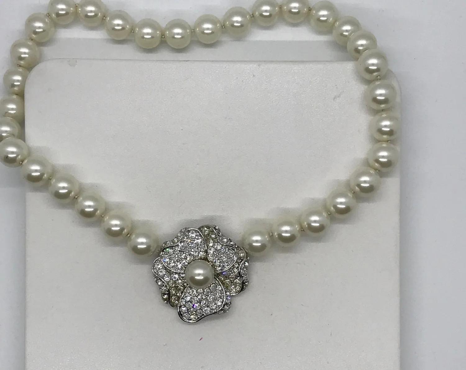 Kenneth Jay Lane Faux Pearl Necklace with Sparkling Flower Clasp in Original Box