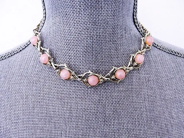 LOVELY 1950s Necklace,Pink Moon Glow and Gold Tone Metal Necklace,Bridal Necklace, Mid Century Jewelry,Collectible Vintage Jewelry