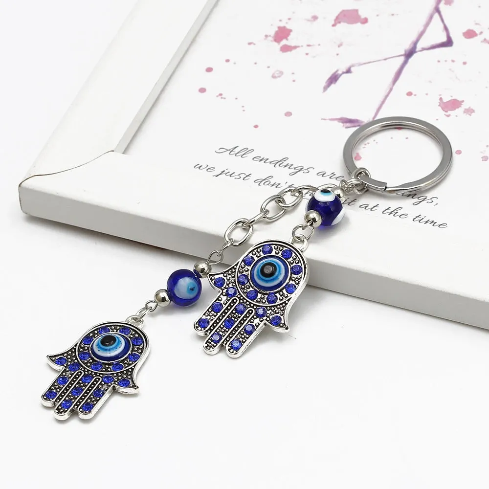 Lucky Eye Charms Keychain Hamsa Hand Pendent Tassel Key Chain Alloy Car Key Chain