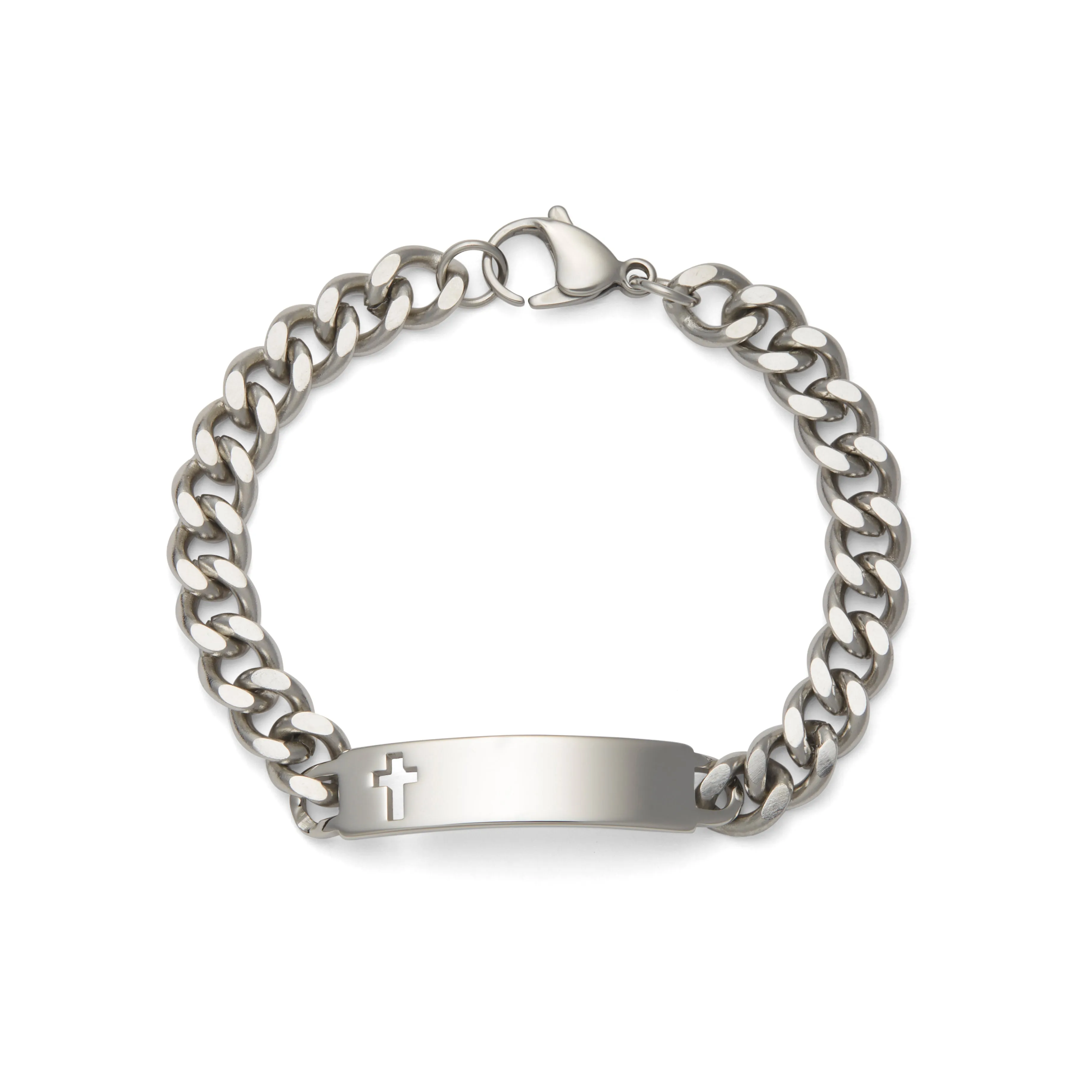 Men's ID Bracelet with Polished Plaque with Cross