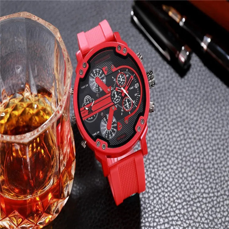 Men's Versatile Fashion Handsome Super Large Dial Double Inserts Rubber Coated Steel Belt Quartz Watch