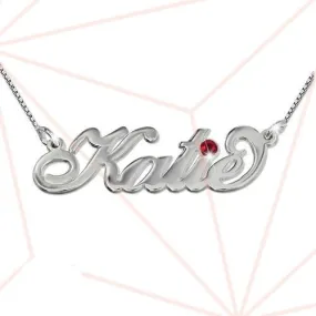 Name Necklace - Carrie Style In Silver & Gem Stone