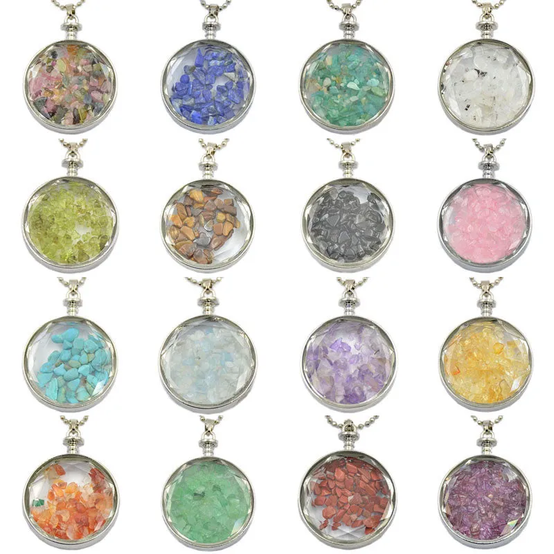 Natural Gemstone Chips Reiki Healing Point Round Pendant Necklace Silver Plated 40mm