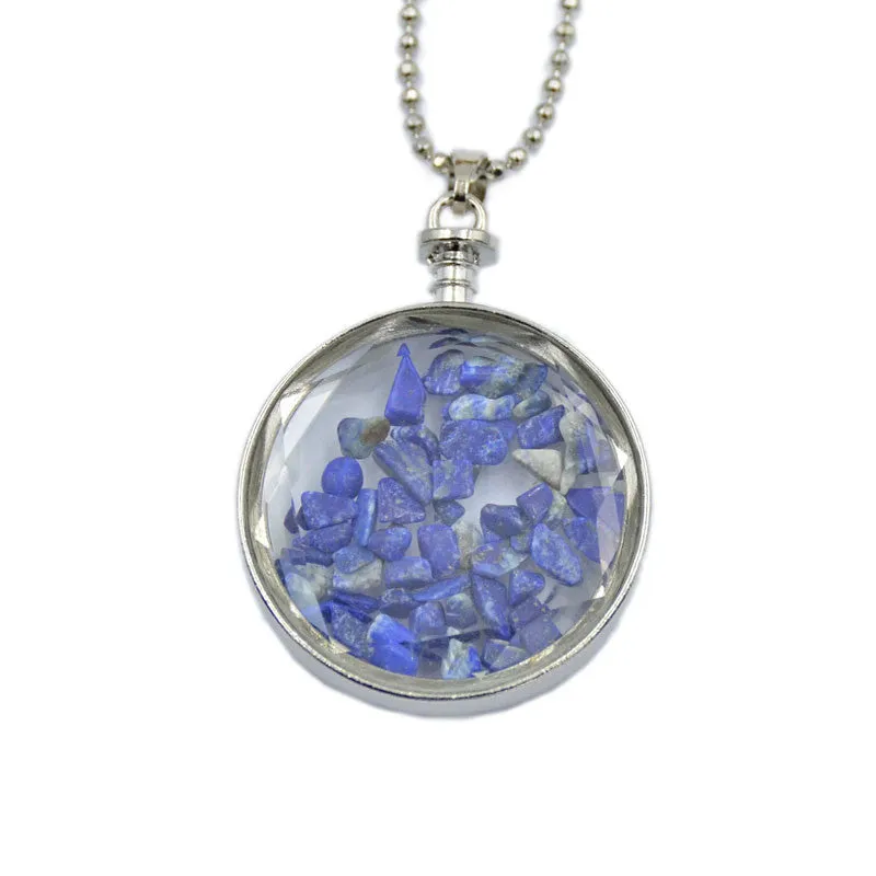 Natural Gemstone Chips Reiki Healing Point Round Pendant Necklace Silver Plated 40mm