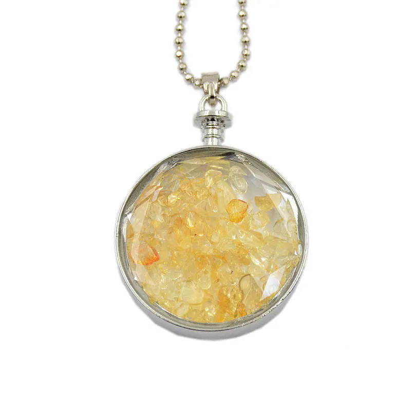 Natural Gemstone Chips Reiki Healing Point Round Pendant Necklace Silver Plated 40mm