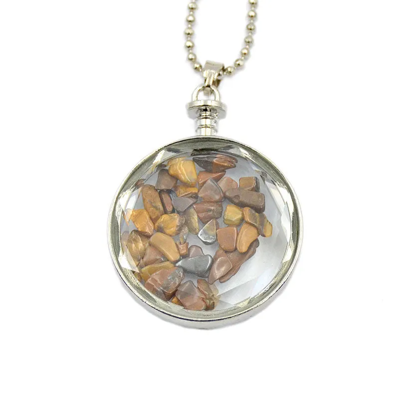 Natural Gemstone Chips Reiki Healing Point Round Pendant Necklace Silver Plated 40mm