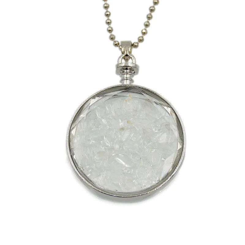 Natural Gemstone Chips Reiki Healing Point Round Pendant Necklace Silver Plated 40mm