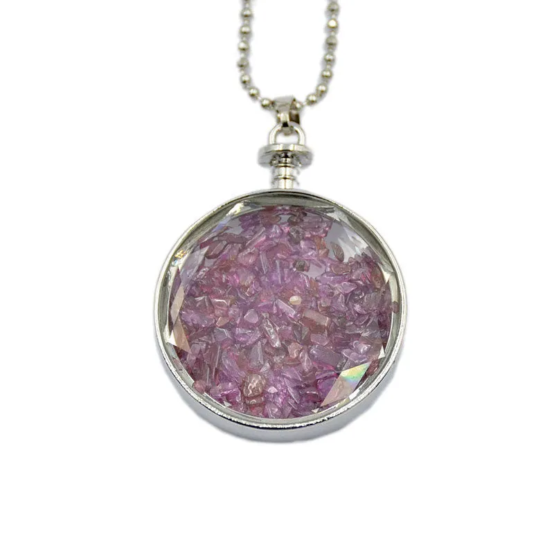 Natural Gemstone Chips Reiki Healing Point Round Pendant Necklace Silver Plated 40mm