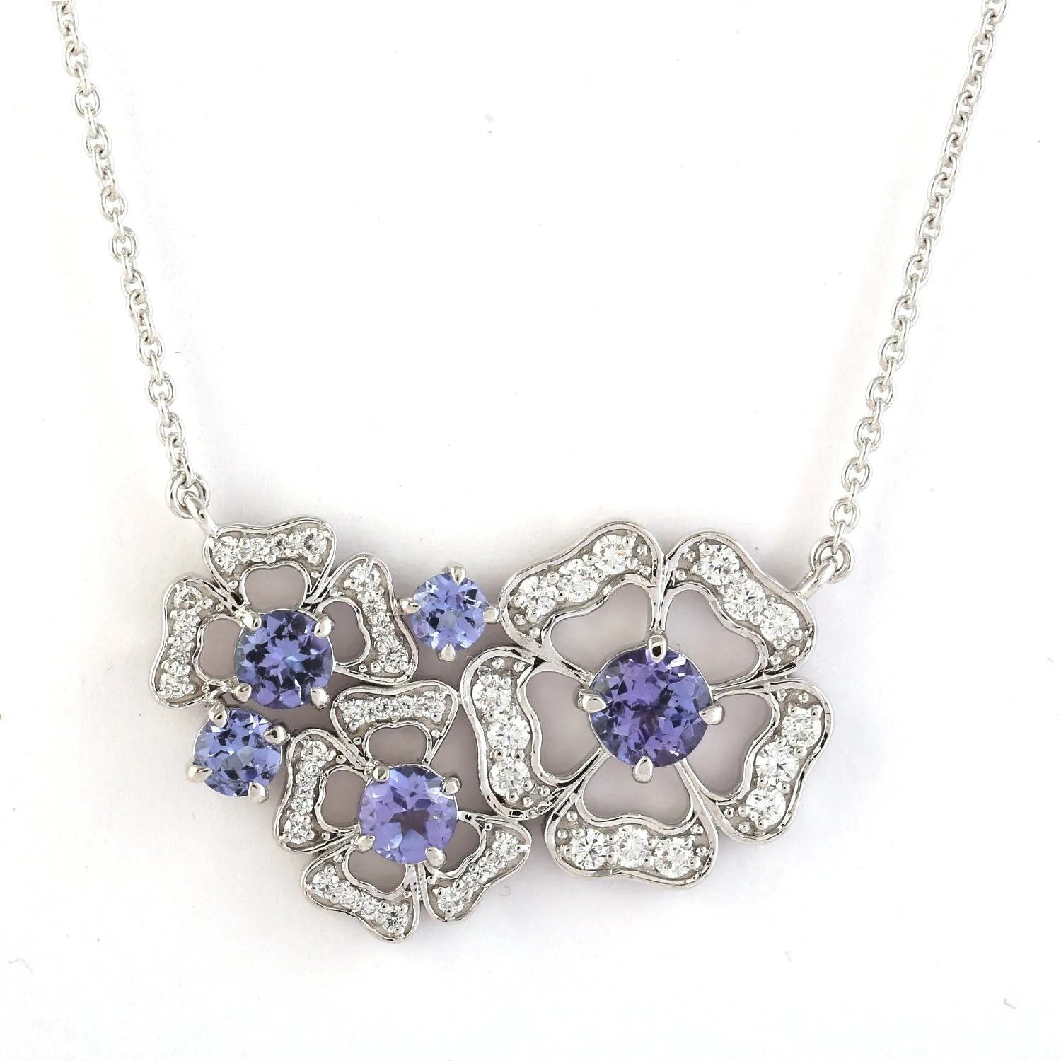 Natural Tanzanite Diamond Clover Design Pendant Chain Necklace In 18k White Gold