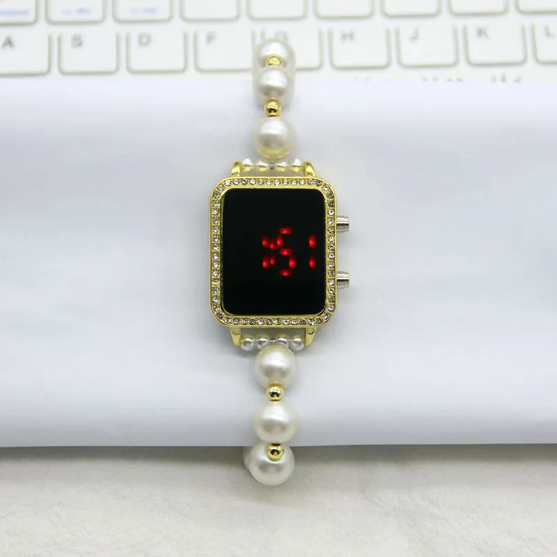 Niche design square temperament pearl women's watch Internet celebrity creative handmade beaded LED display Watch