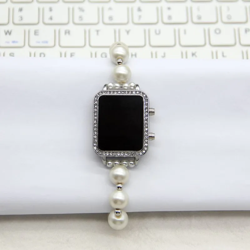 Niche design square temperament pearl women's watch Internet celebrity creative handmade beaded LED display Watch