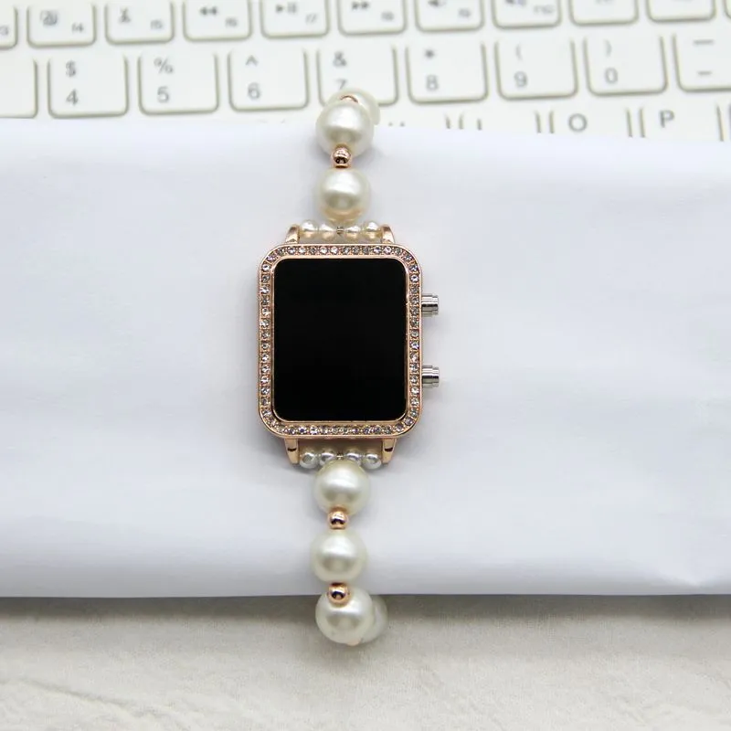 Niche design square temperament pearl women's watch Internet celebrity creative handmade beaded LED display Watch