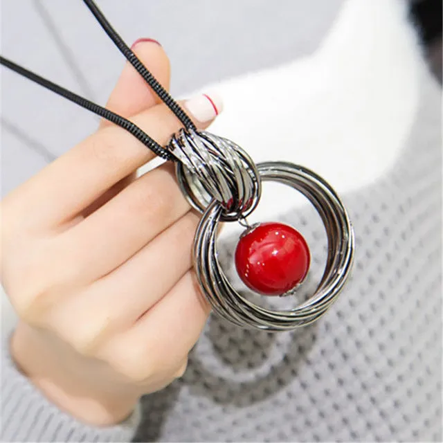 Ocean red white pearl ball pendant long necklace New circles simulated women black chain necklace fashion jewelry wholesale gift