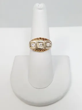 Ornate Vintage 14k Yellow Gold Natural Diamond Three Stone Ring