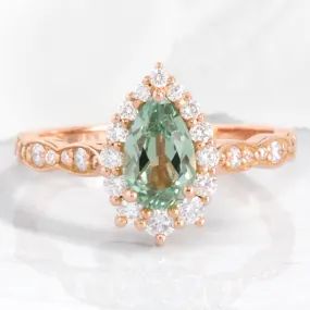 Pear Seafoam Green Sapphire Ring in Tiara Halo Diamond Scalloped Band