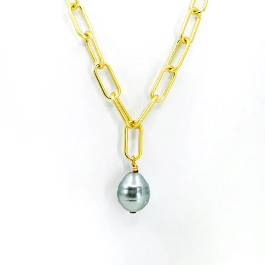 Pearl Drop Necklace, Chunky Paperclip Chain