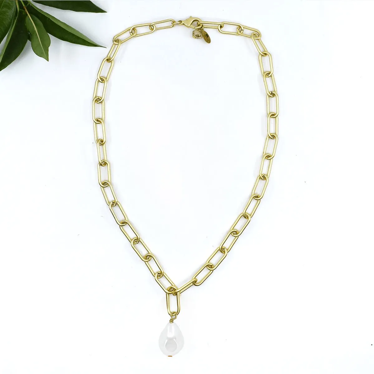 Pearl Drop Necklace, Chunky Paperclip Chain