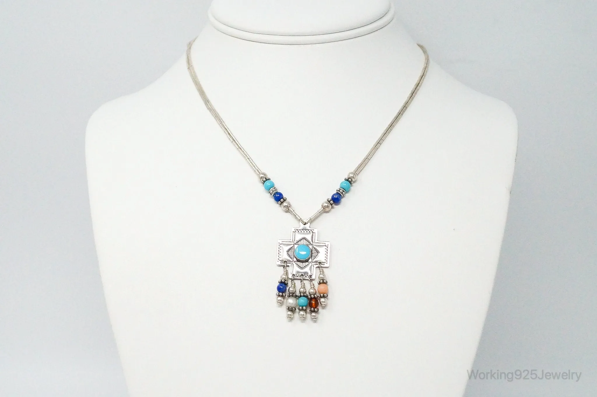 QT Turquoise Pendant On Carolyn Pollack Bead Sterling Silver Chain Necklace