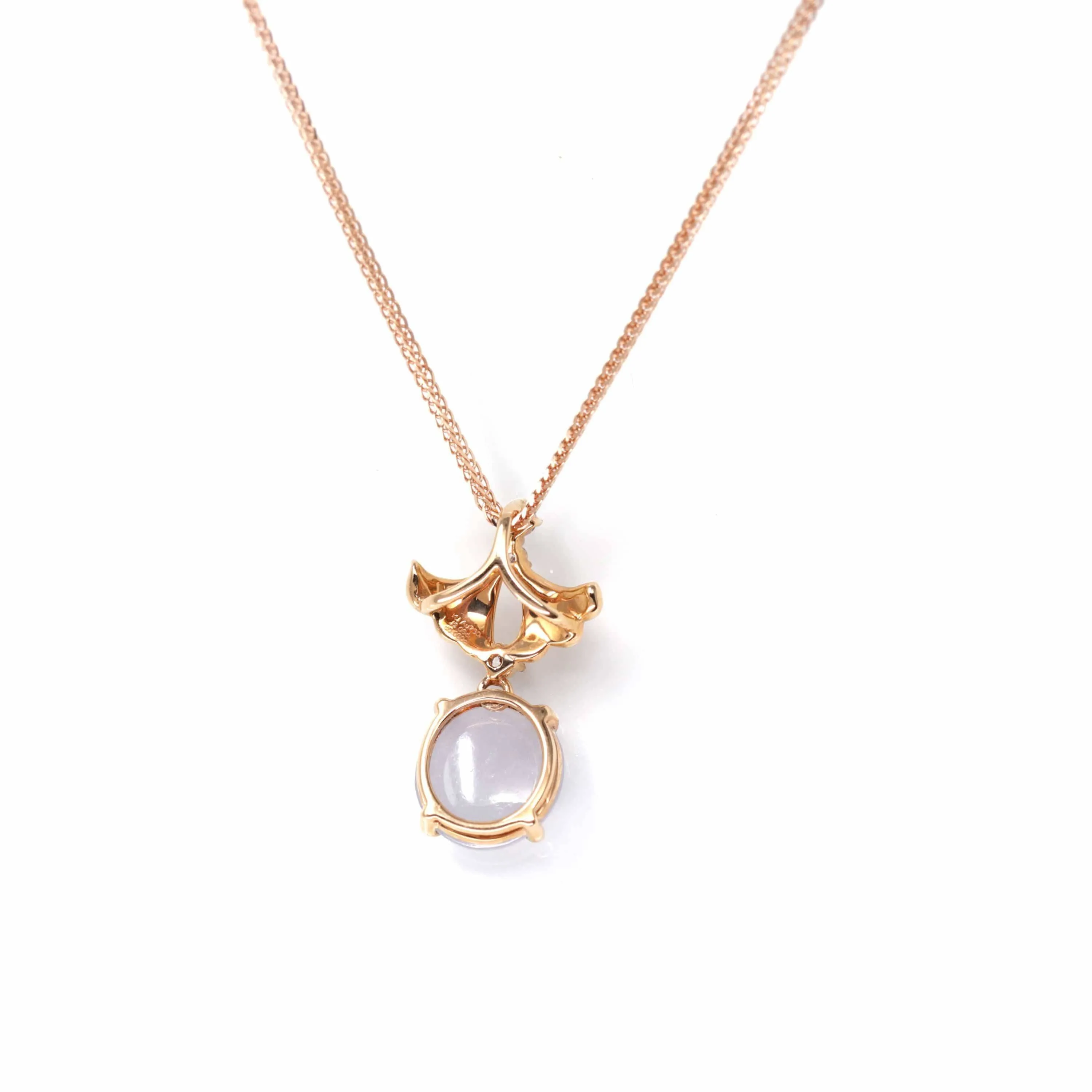 "Lavender Ginkgo Leaf "18k Rose Gold Lavender Jadeite Jade Diamond Pendant Necklace