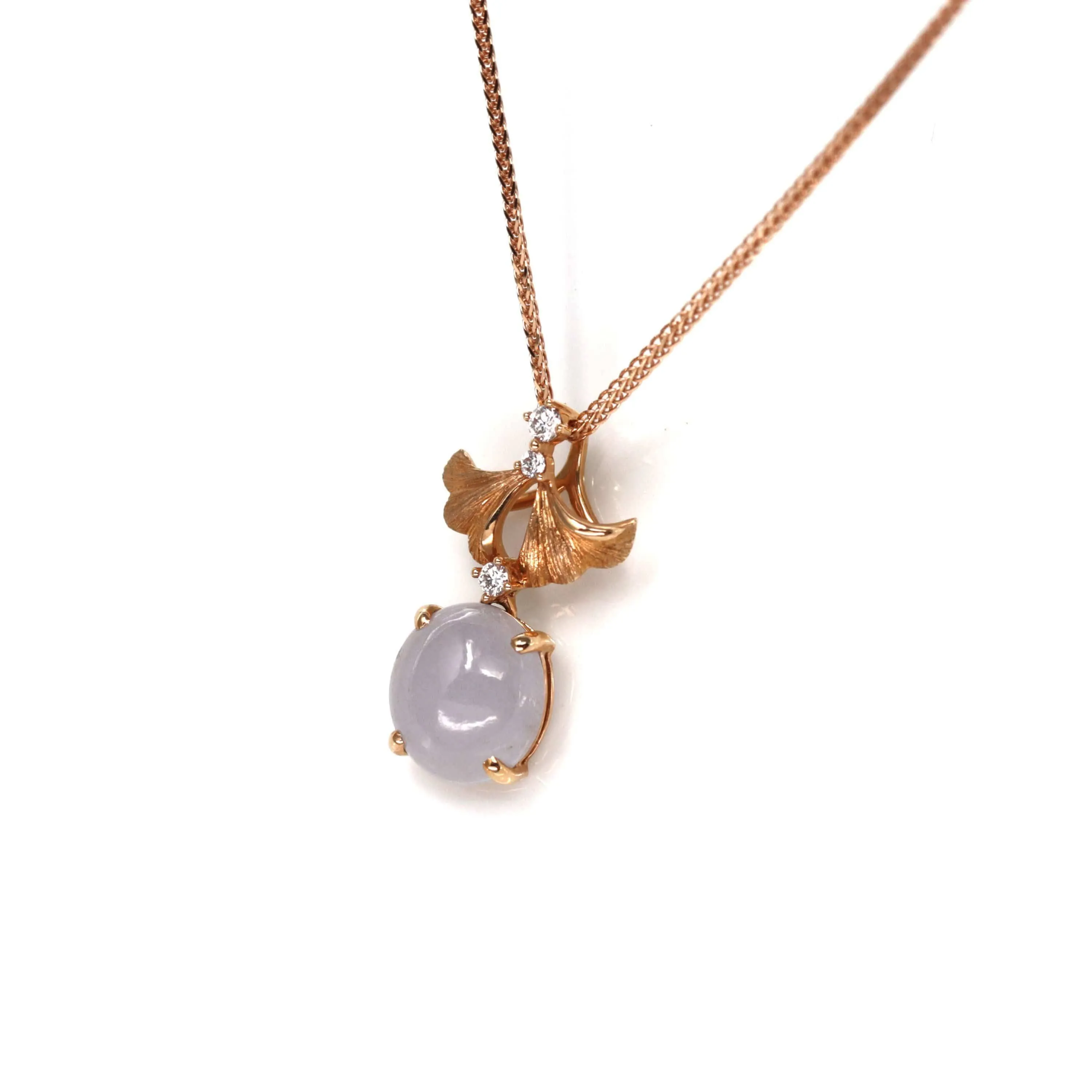 "Lavender Ginkgo Leaf "18k Rose Gold Lavender Jadeite Jade Diamond Pendant Necklace