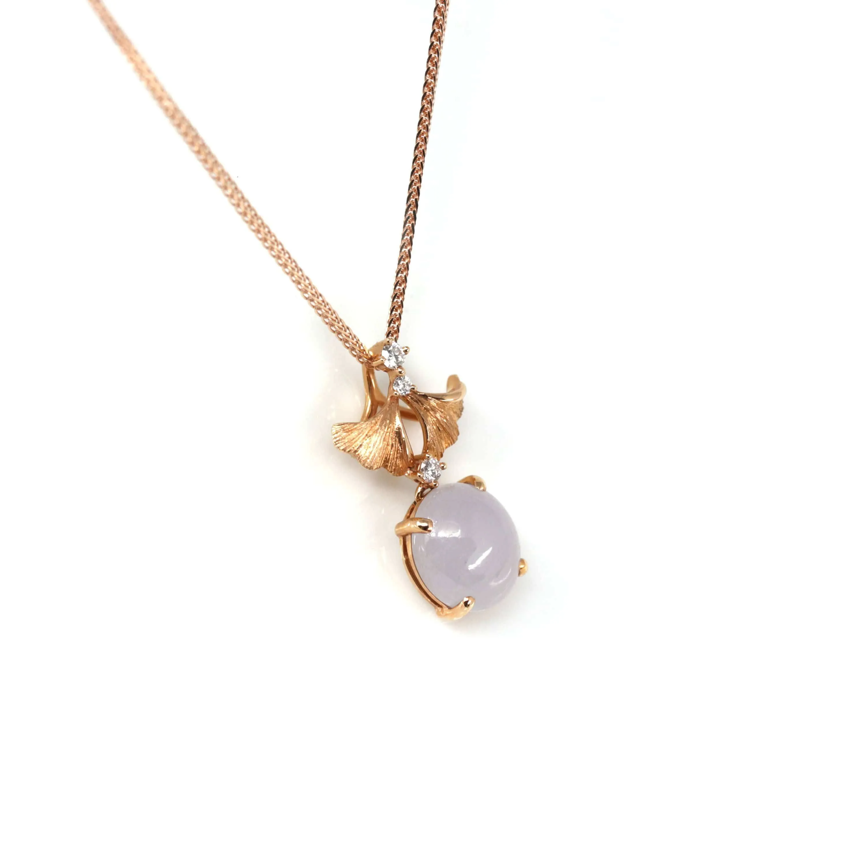 "Lavender Ginkgo Leaf "18k Rose Gold Lavender Jadeite Jade Diamond Pendant Necklace