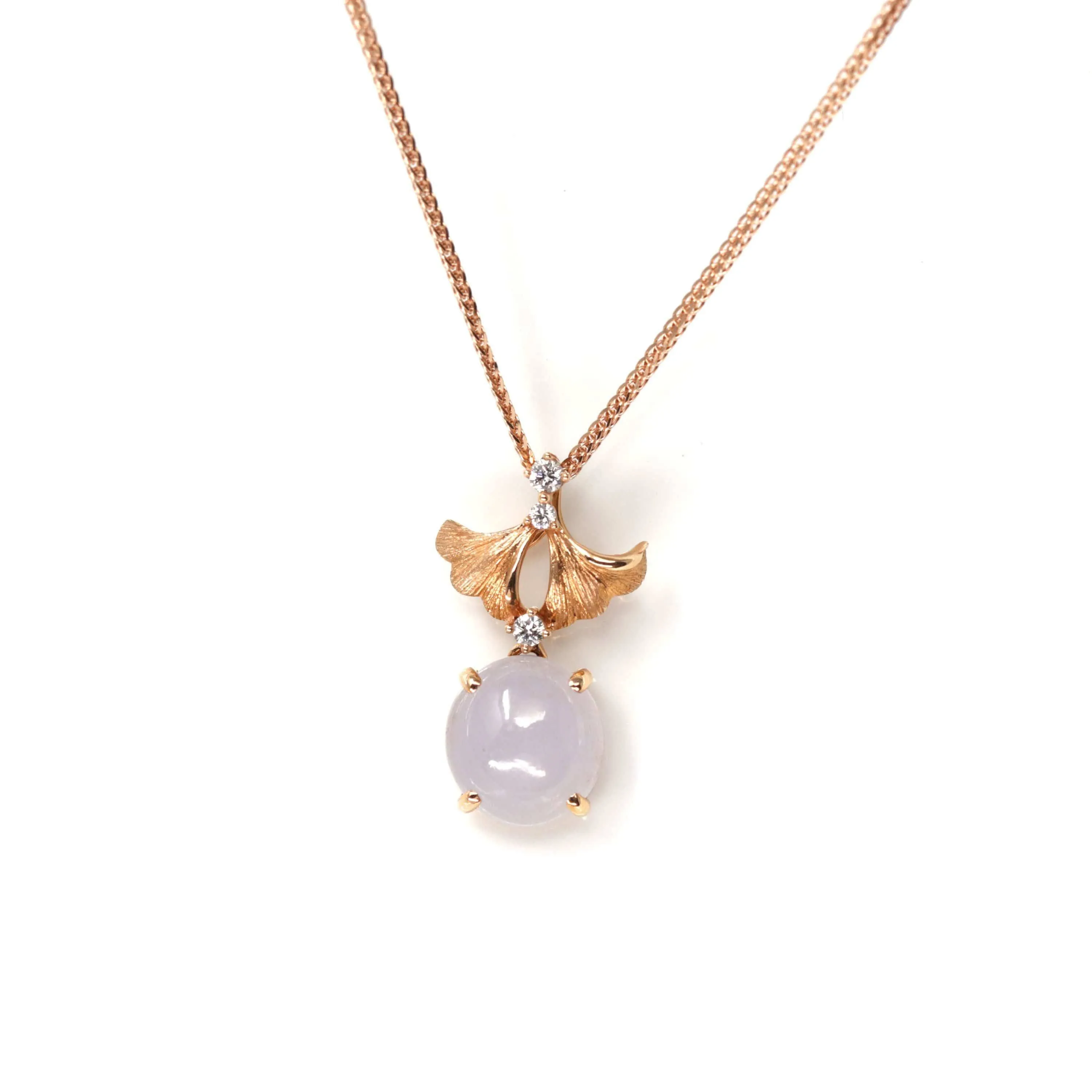 "Lavender Ginkgo Leaf "18k Rose Gold Lavender Jadeite Jade Diamond Pendant Necklace