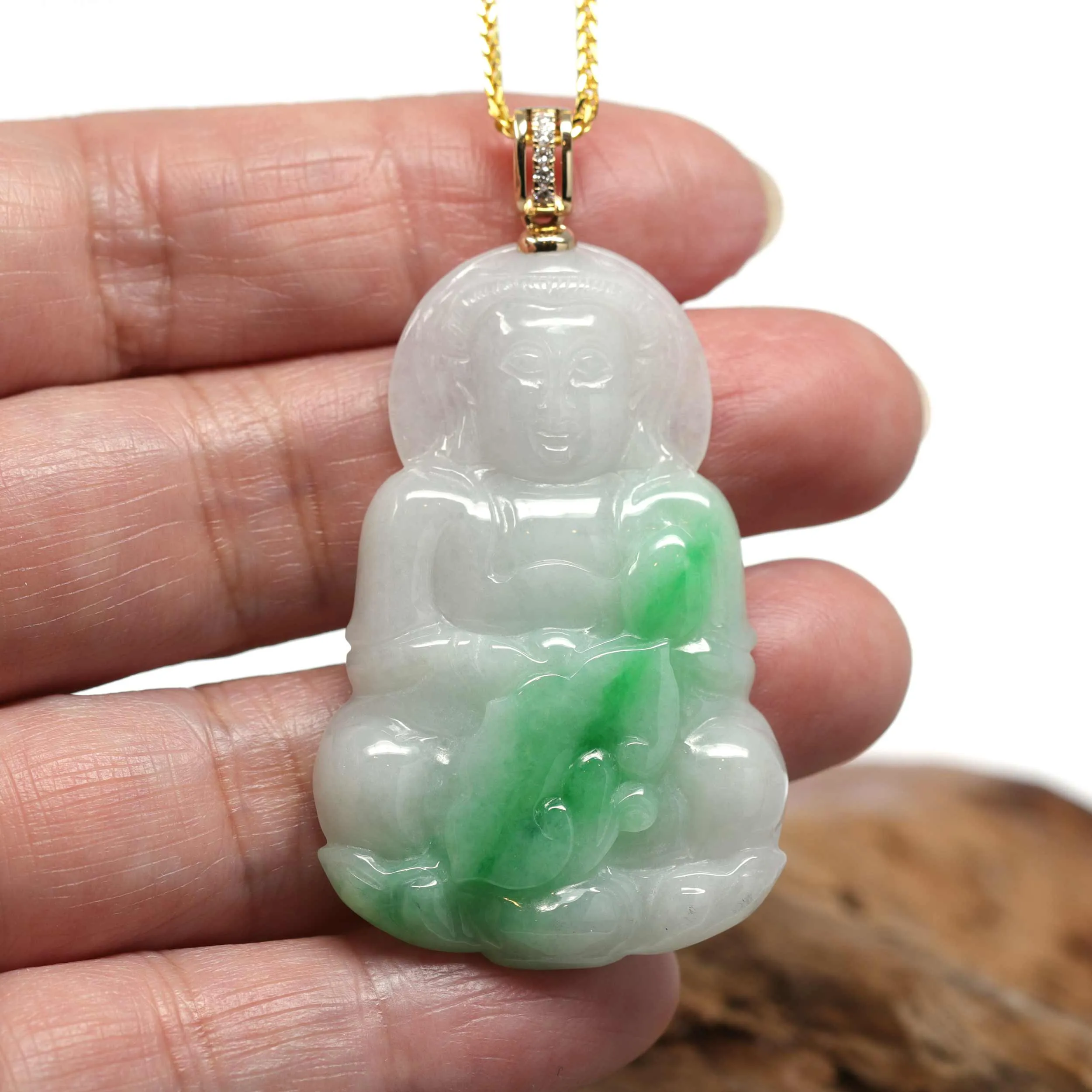 RealJade® 14k "Goddess of Compassion" Genuine Burmese Jadeite Jade Guanyin Necklace With Diamond Bail