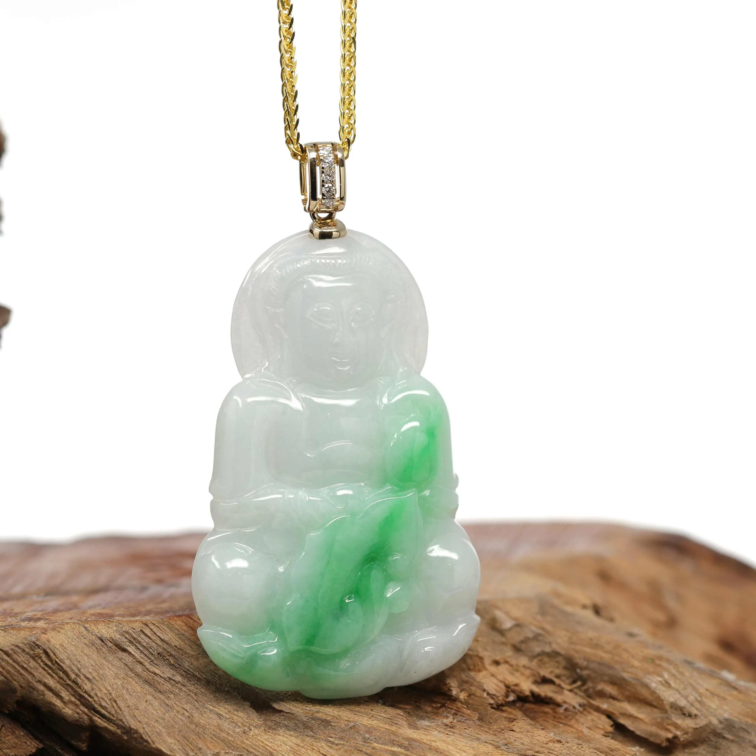 RealJade® 14k "Goddess of Compassion" Genuine Burmese Jadeite Jade Guanyin Necklace With Diamond Bail