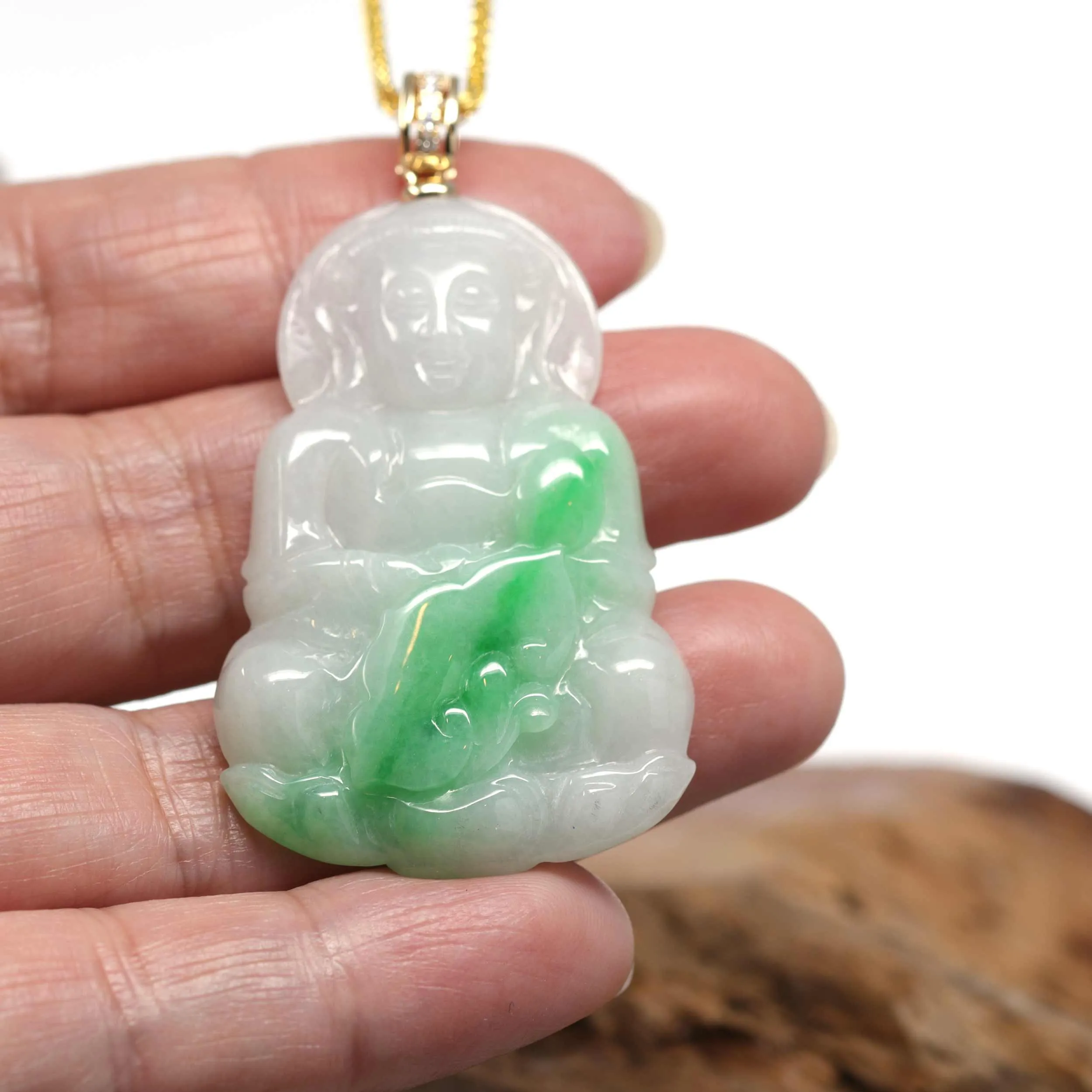 RealJade® 14k "Goddess of Compassion" Genuine Burmese Jadeite Jade Guanyin Necklace With Diamond Bail