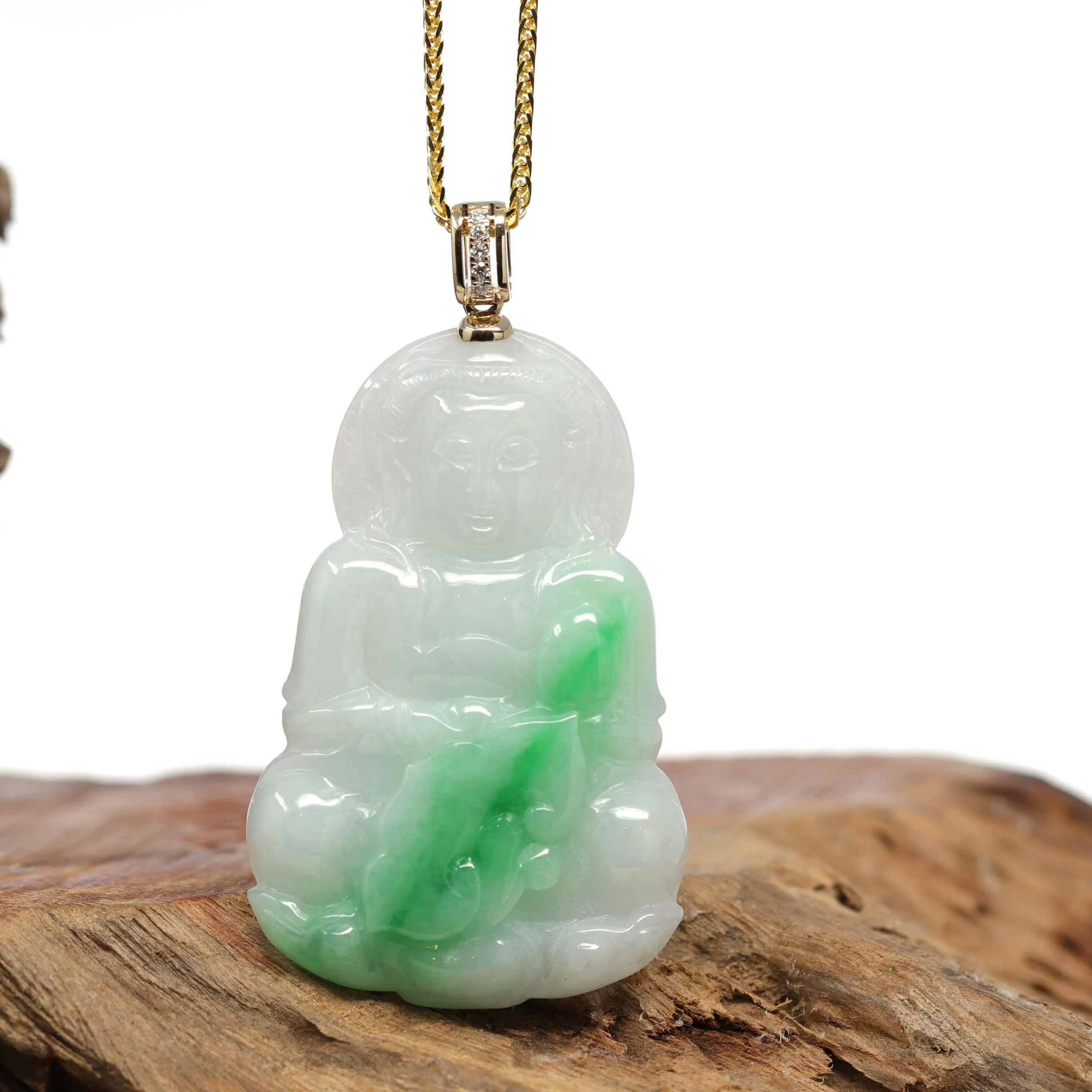 RealJade® 14k "Goddess of Compassion" Genuine Burmese Jadeite Jade Guanyin Necklace With Diamond Bail