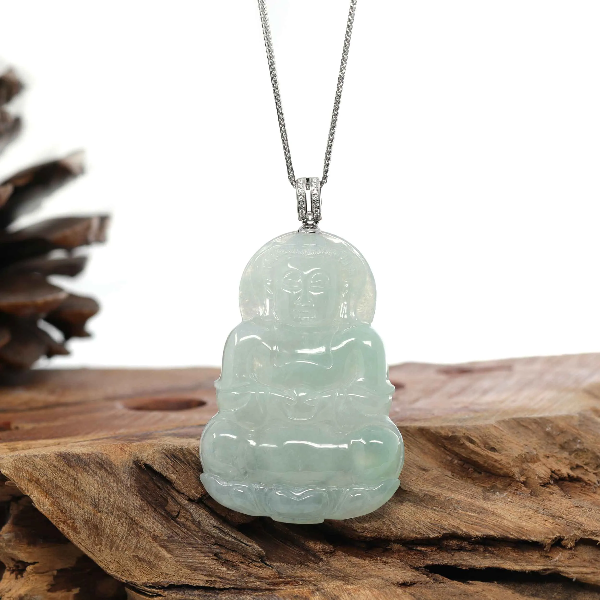 RealJade® 14k "Goddess of Compassion" Genuine Burmese Jadeite Jade Guanyin Pendant With VS1 Diamond Bail