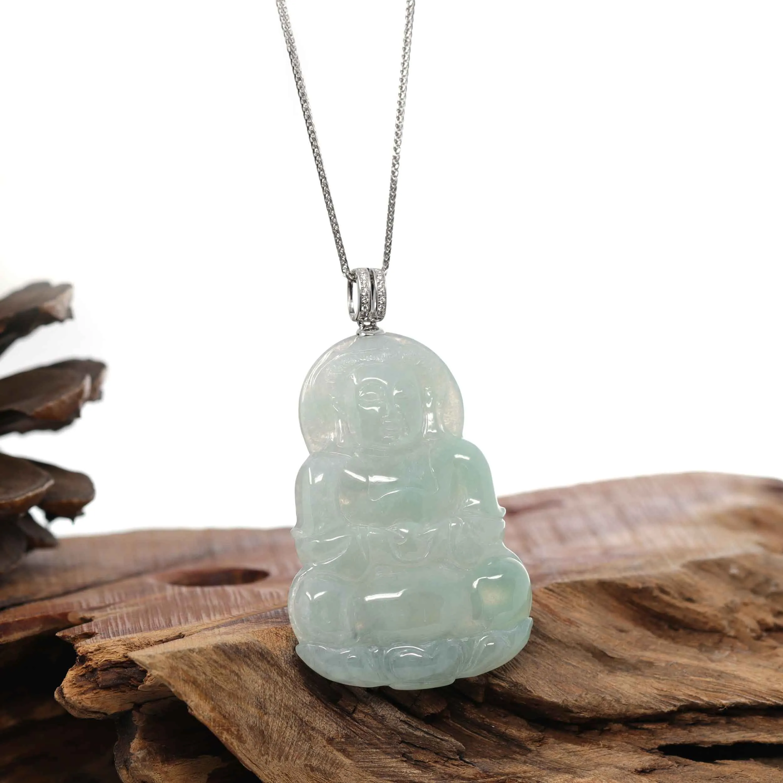 RealJade® 14k "Goddess of Compassion" Genuine Burmese Jadeite Jade Guanyin Pendant With VS1 Diamond Bail