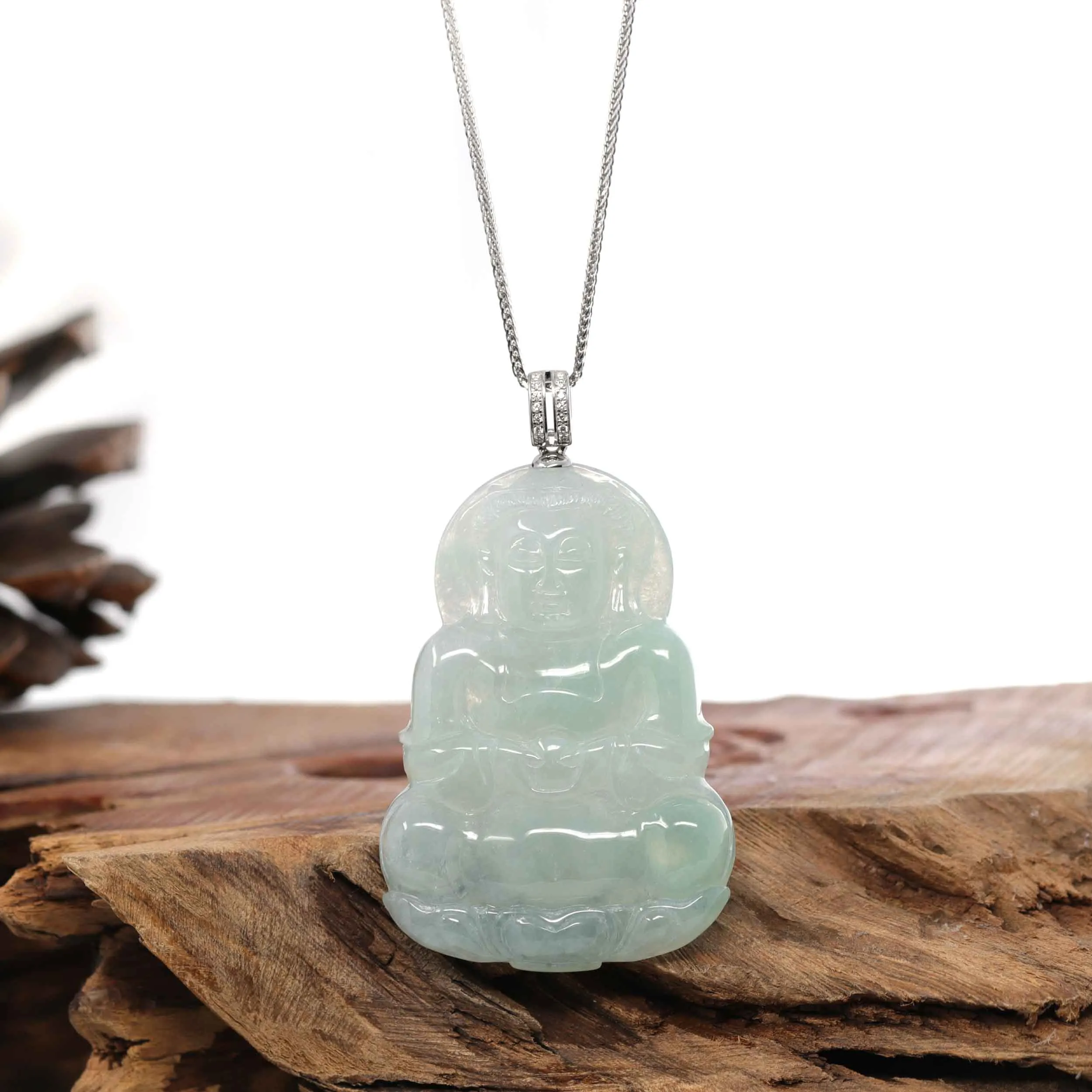 RealJade® 14k "Goddess of Compassion" Genuine Burmese Jadeite Jade Guanyin Pendant With VS1 Diamond Bail