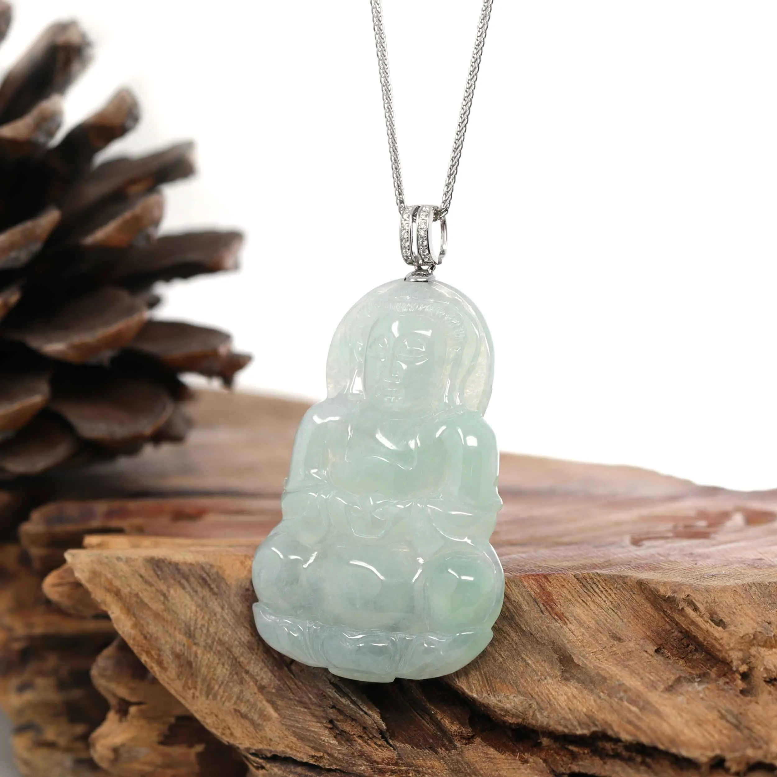 RealJade® 14k "Goddess of Compassion" Genuine Burmese Jadeite Jade Guanyin Pendant With VS1 Diamond Bail