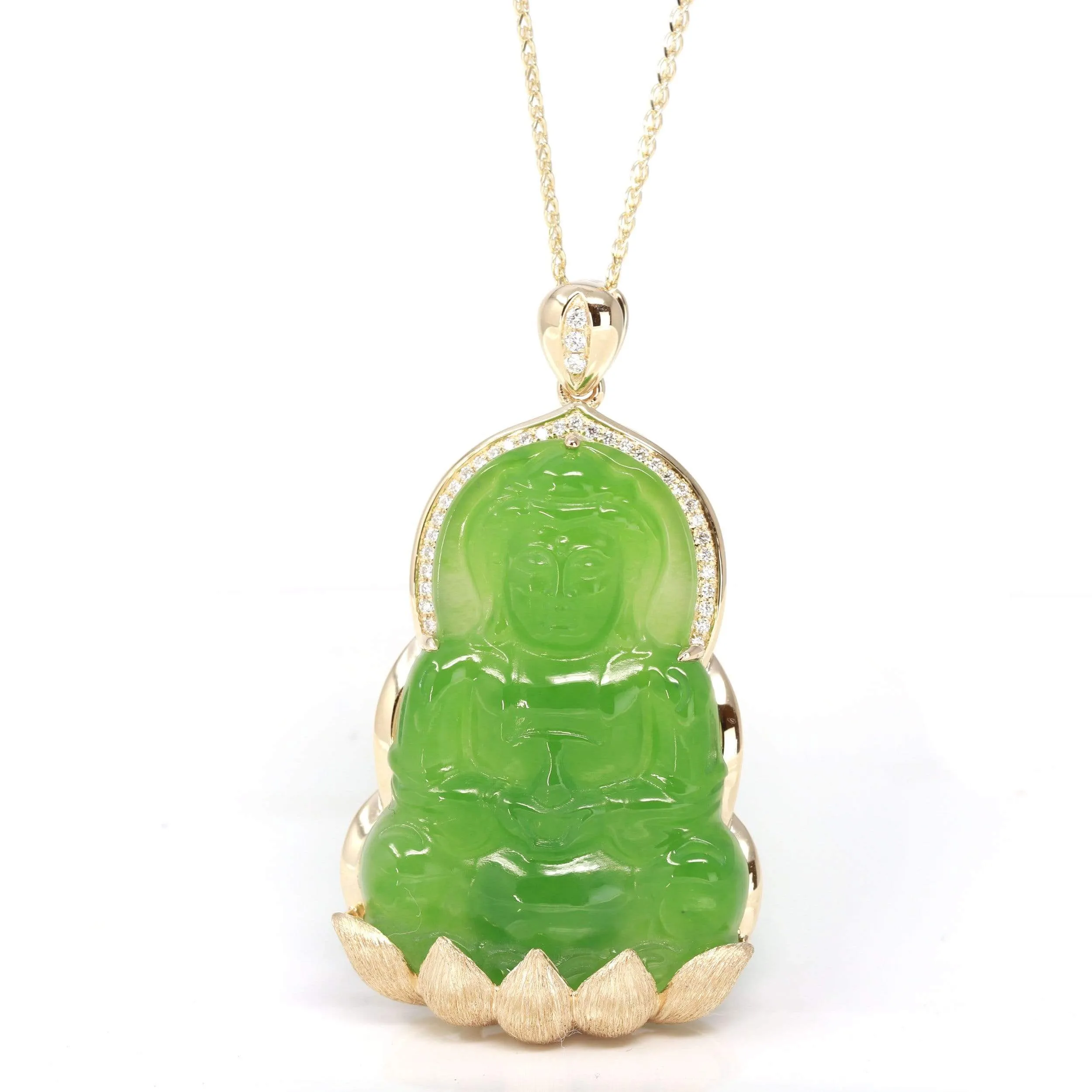 RealJade® 14K Yellow Gold Genuine Nephrite Luxury Apple Green Jade Guanyin Pendant Necklace With VVS1 Diamonds