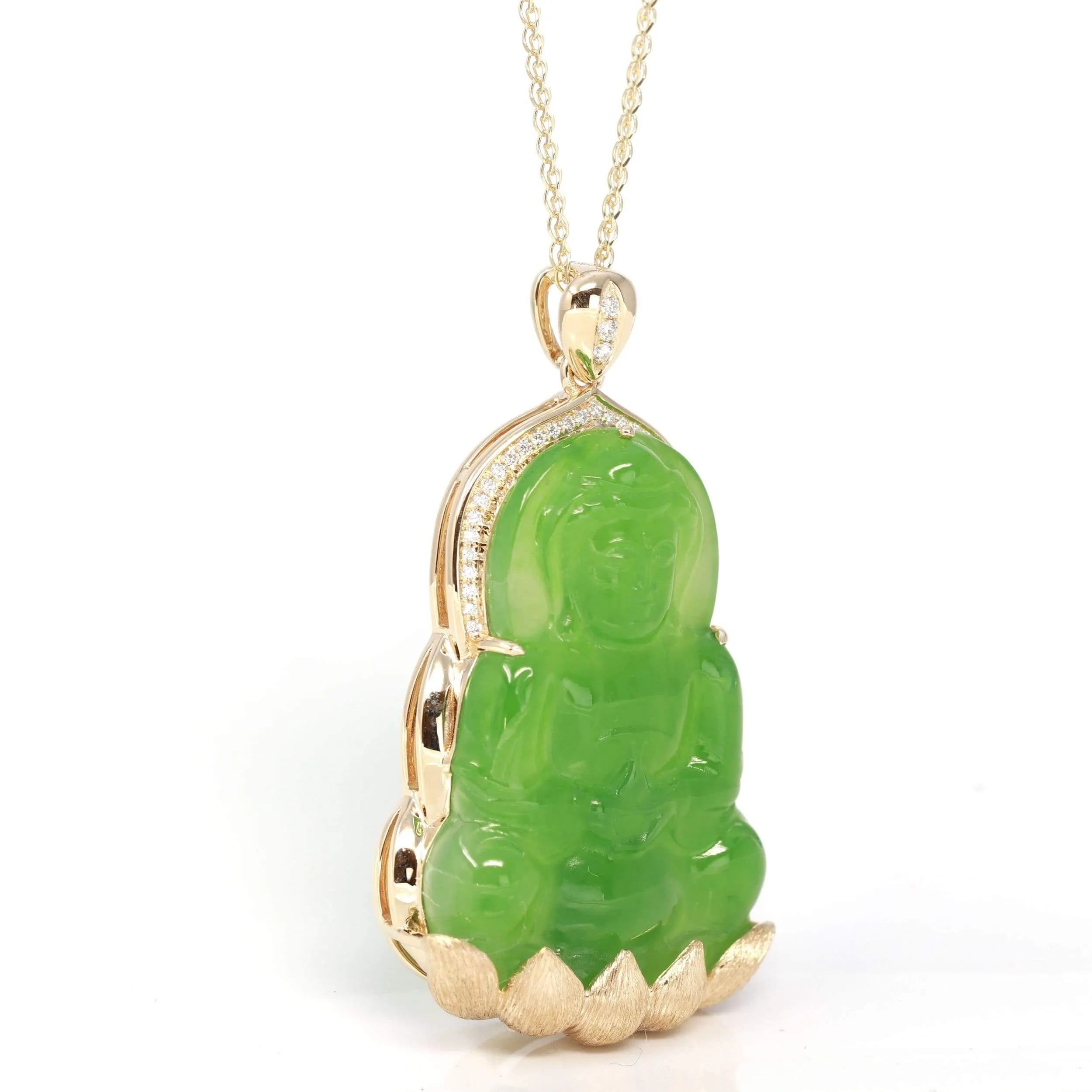 RealJade® 14K Yellow Gold Genuine Nephrite Luxury Apple Green Jade Guanyin Pendant Necklace With VVS1 Diamonds