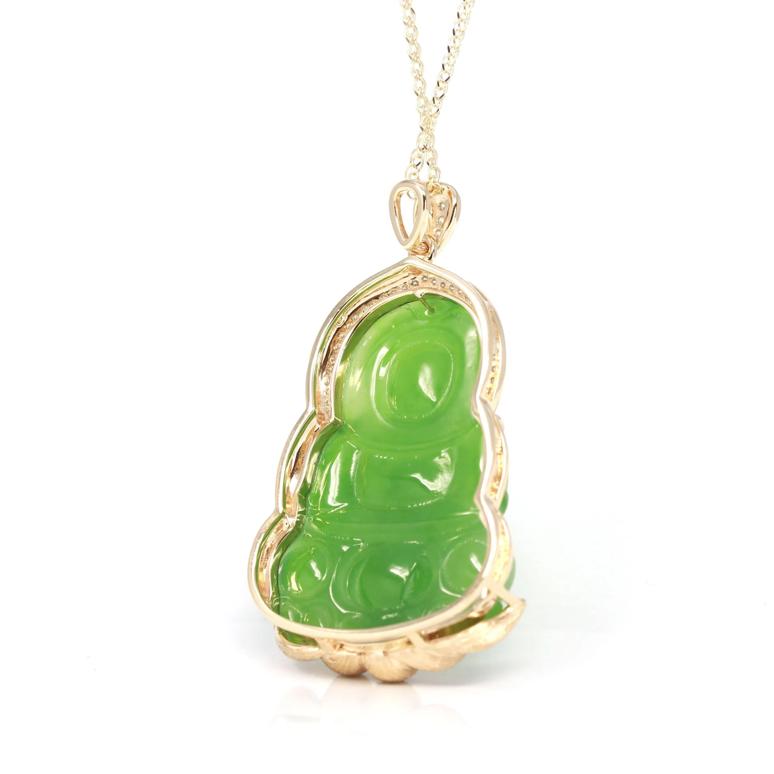 RealJade® 14K Yellow Gold Genuine Nephrite Luxury Apple Green Jade Guanyin Pendant Necklace With VVS1 Diamonds