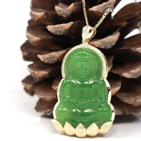 RealJade® 14K Yellow Gold Genuine Nephrite Luxury Apple Green Jade Guanyin Pendant Necklace With VVS1 Diamonds