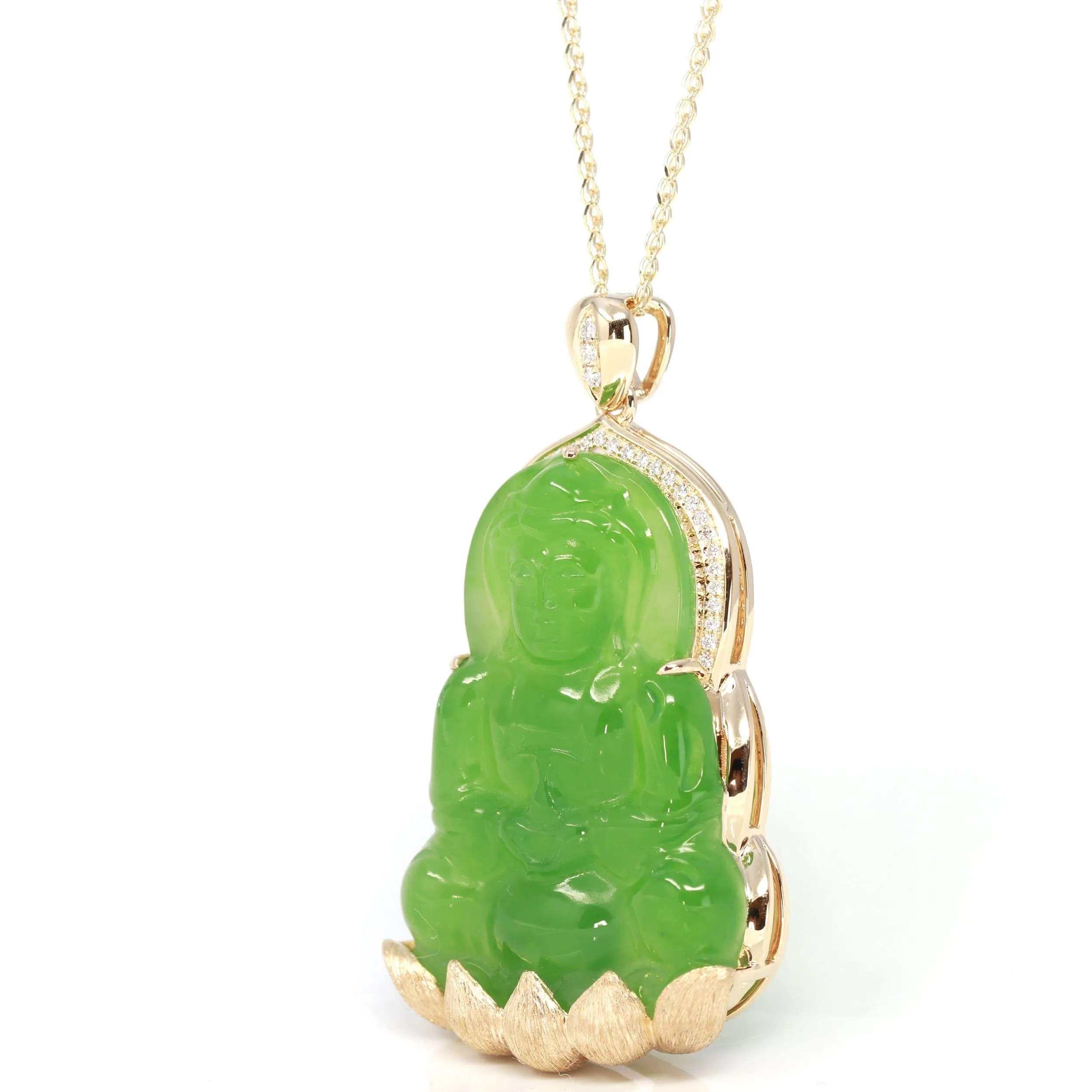 RealJade® 14K Yellow Gold Genuine Nephrite Luxury Apple Green Jade Guanyin Pendant Necklace With VVS1 Diamonds