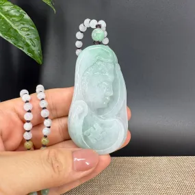 RealJade® Co.  Genuine Burmese Jadeite Jade White Green Guanyin Pendant Necklace