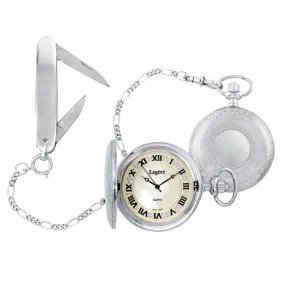 Rhodium Finish Large Mop Dial Pocket Watch/Knife & Chain Set