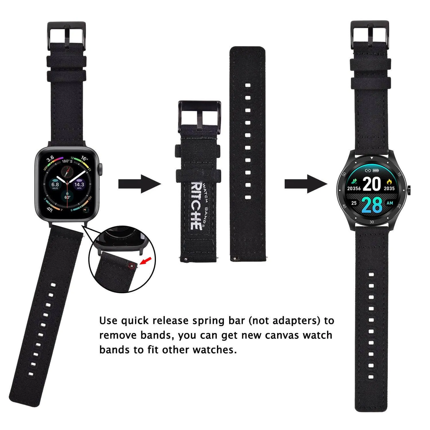 Ritche Black Canvas Watch Band For Apple Watch Series 7/6/5/4/3/2/1/SE