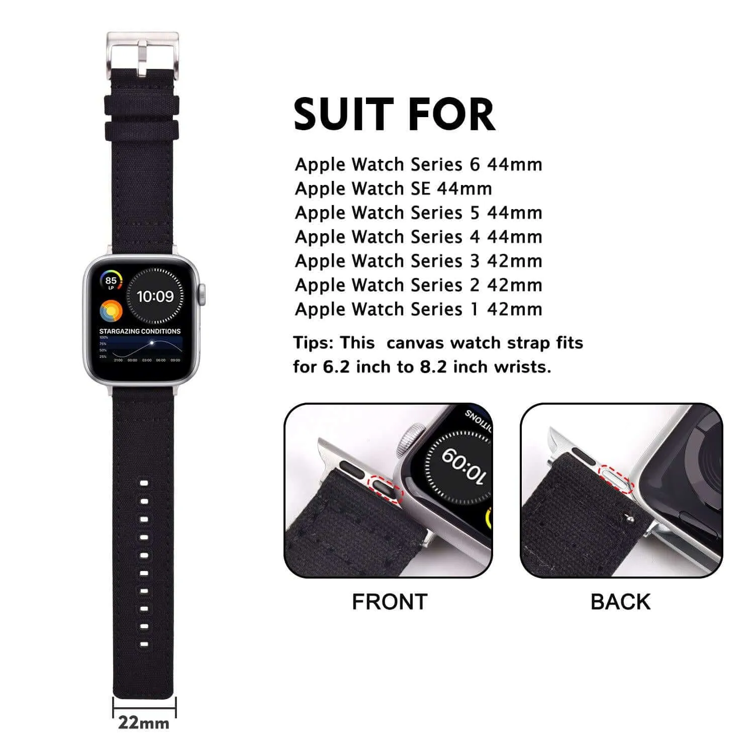 Ritche Black Canvas Watch Band For Apple Watch Series 7/6/5/4/3/2/1/SE