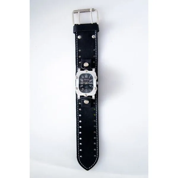 Rugged Black Watch with White Stitched Black Leather Cuff