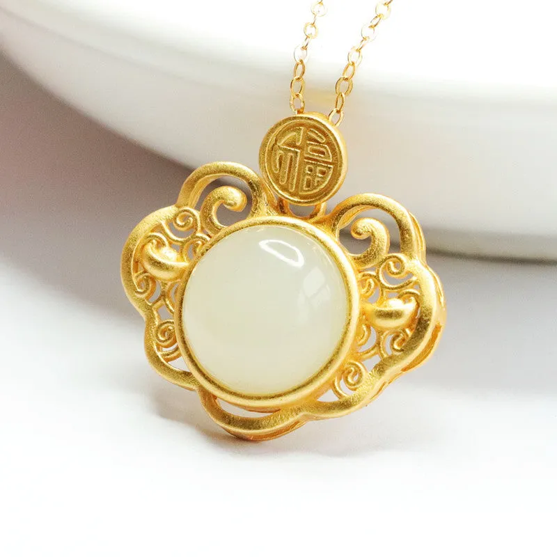 S925 Silver Natural Hotan Jade Pendant Round White Jade Hollow Blessing Ruyi Necklace