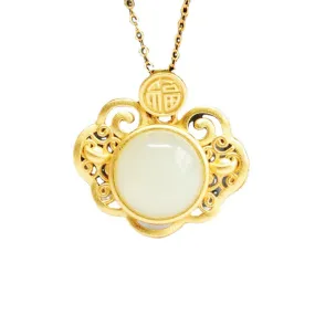 S925 Silver Natural Hotan Jade Pendant Round White Jade Hollow Blessing Ruyi Necklace